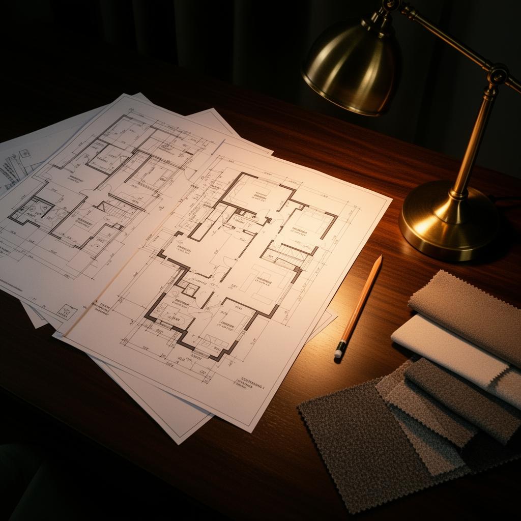 Home plans and lighting design on a desk