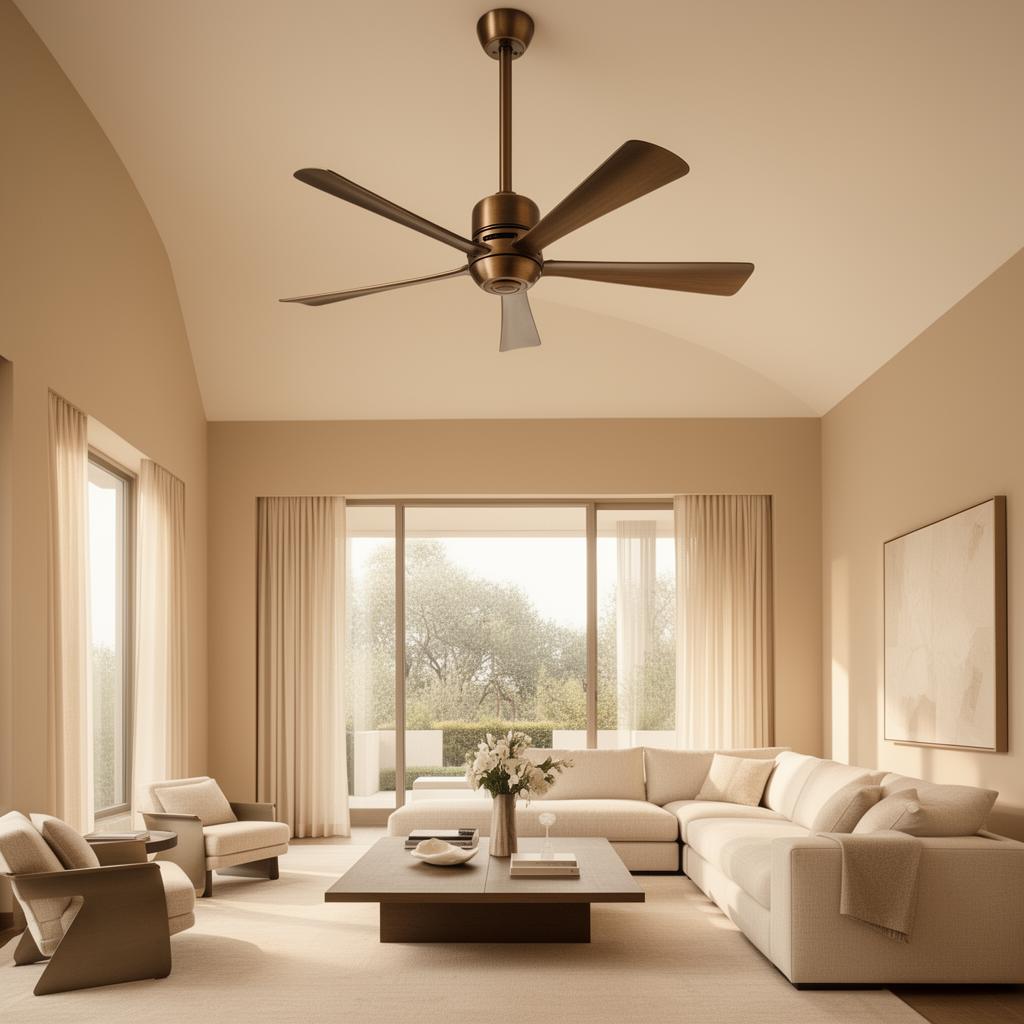 Fanimation Spitfire ceiling fan in brushed bronze, installed in a serene living room