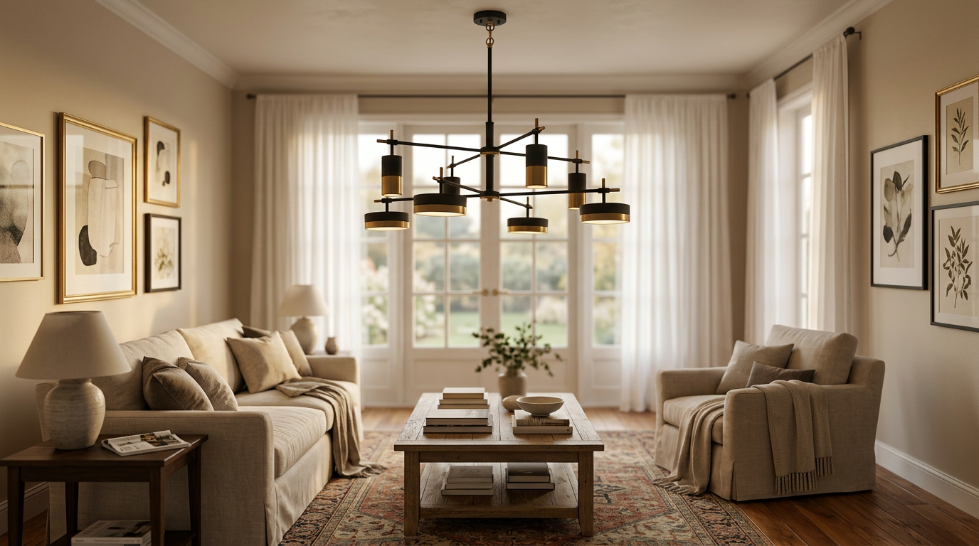Elegant living room with designer chandelier